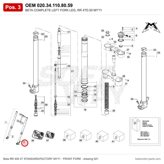 BETA COMPLETE LEFT FORK LEG, RR 4TD.50 MY'11 – OEM 020.34.110.80.59, position 3 on the Beta RR 400 4T STANDARD/FACTORY MY11 front fork drawing