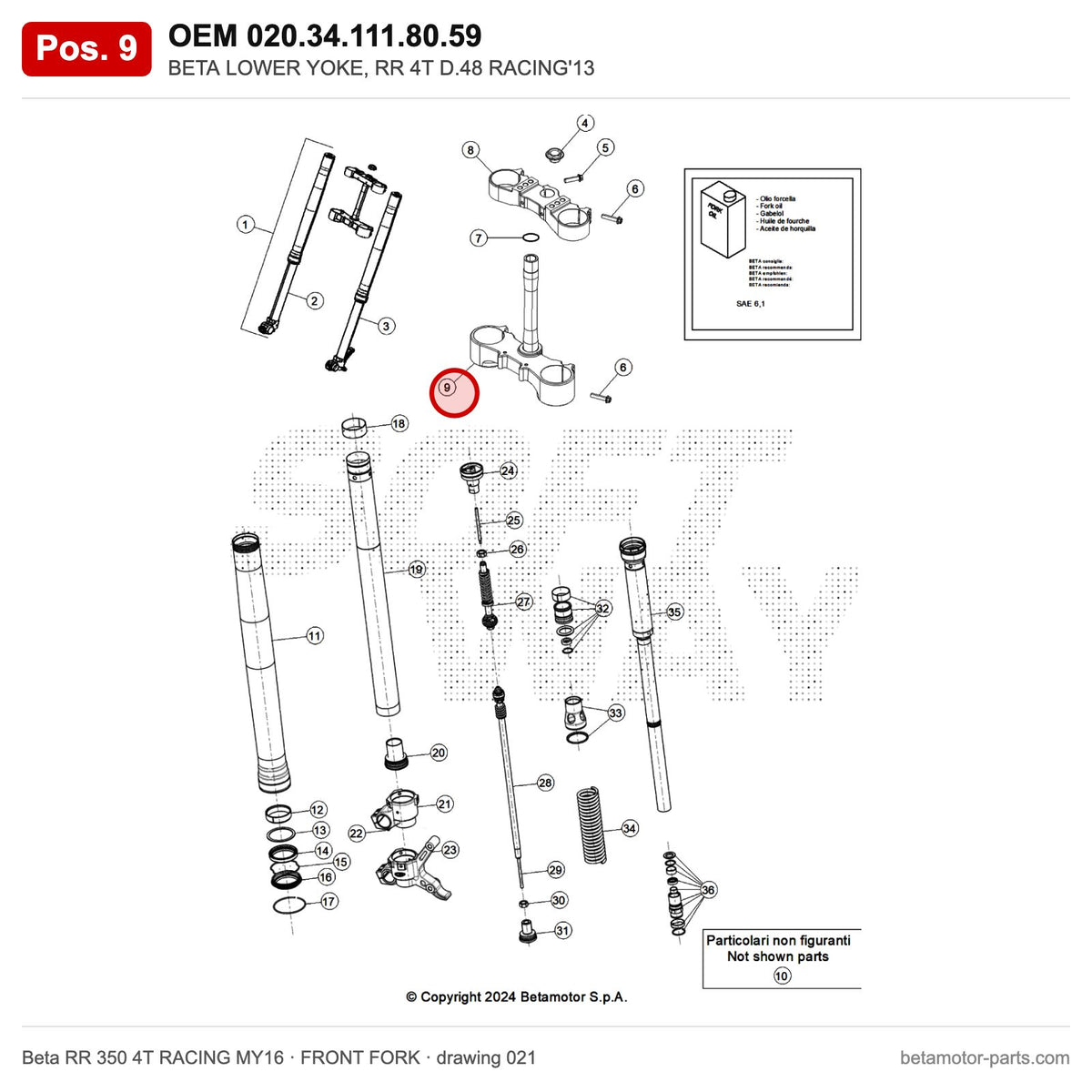 BETA LOWER YOKE, RR 4T D.48 RACING'13 – OEM 020.34.111.80.59, position 9 on the Beta RR 350 4T RACING MY16 front fork drawing