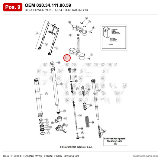 BETA LOWER YOKE, RR 4T D.48 RACING'13 – OEM 020.34.111.80.59, position 9 on the Beta RR 350 4T RACING MY16 front fork drawing