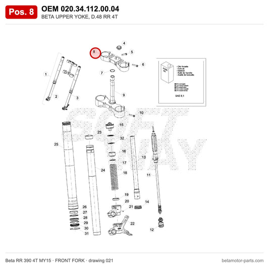 BETA UPPER YOKE, D.48 RR 4T – OEM 020.34.112.00.04, position 8 on the Beta RR 390 4T MY15 front fork drawing