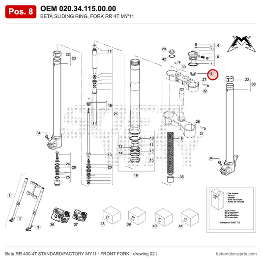 BETA SLIDING RING, FORK RR 4T MY'11 – OEM 020.34.115.00.00, position 8 on the Beta RR 400 4T STANDARD/FACTORY MY11 front fork drawing