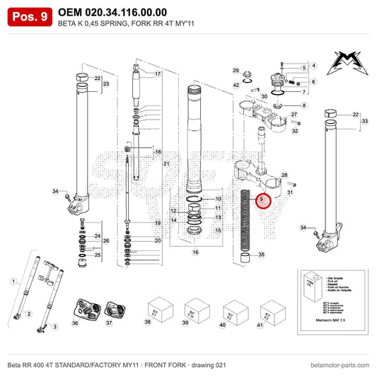 BETA K 0,45 SPRING, FORK RR 4T MY'11 – OEM 020.34.116.00.00, position 9 on the Beta RR 400 4T STANDARD/FACTORY MY11 front fork drawing