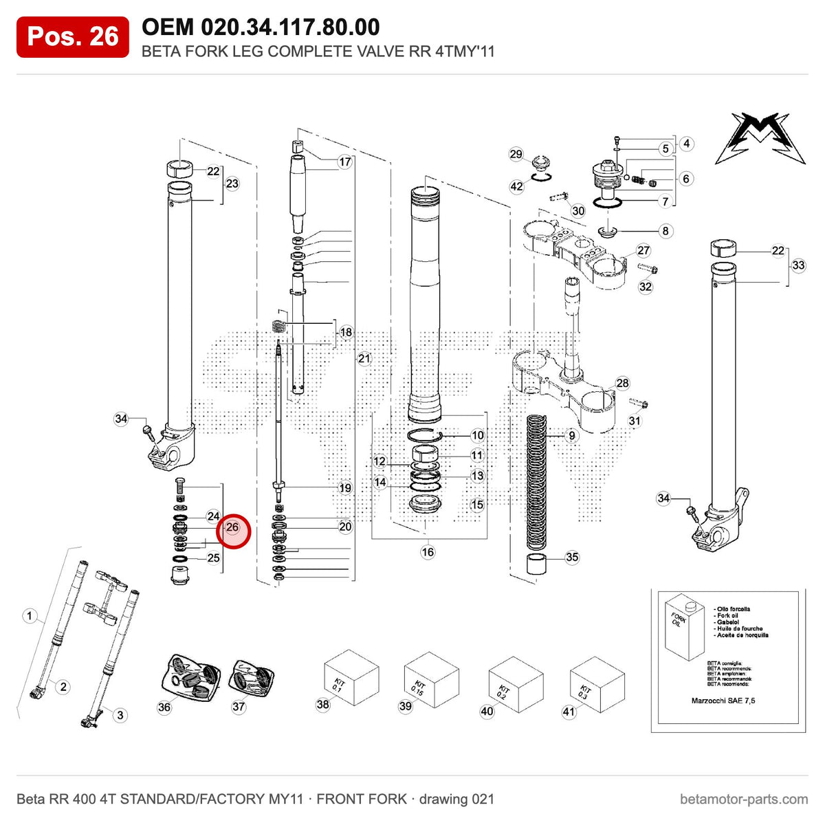 BETA FORK LEG COMPLETE VALVE RR 4TMY'11 – OEM 020.34.117.80.00, position 26 on the Beta RR 400 4T STANDARD/FACTORY MY11 front fork drawing