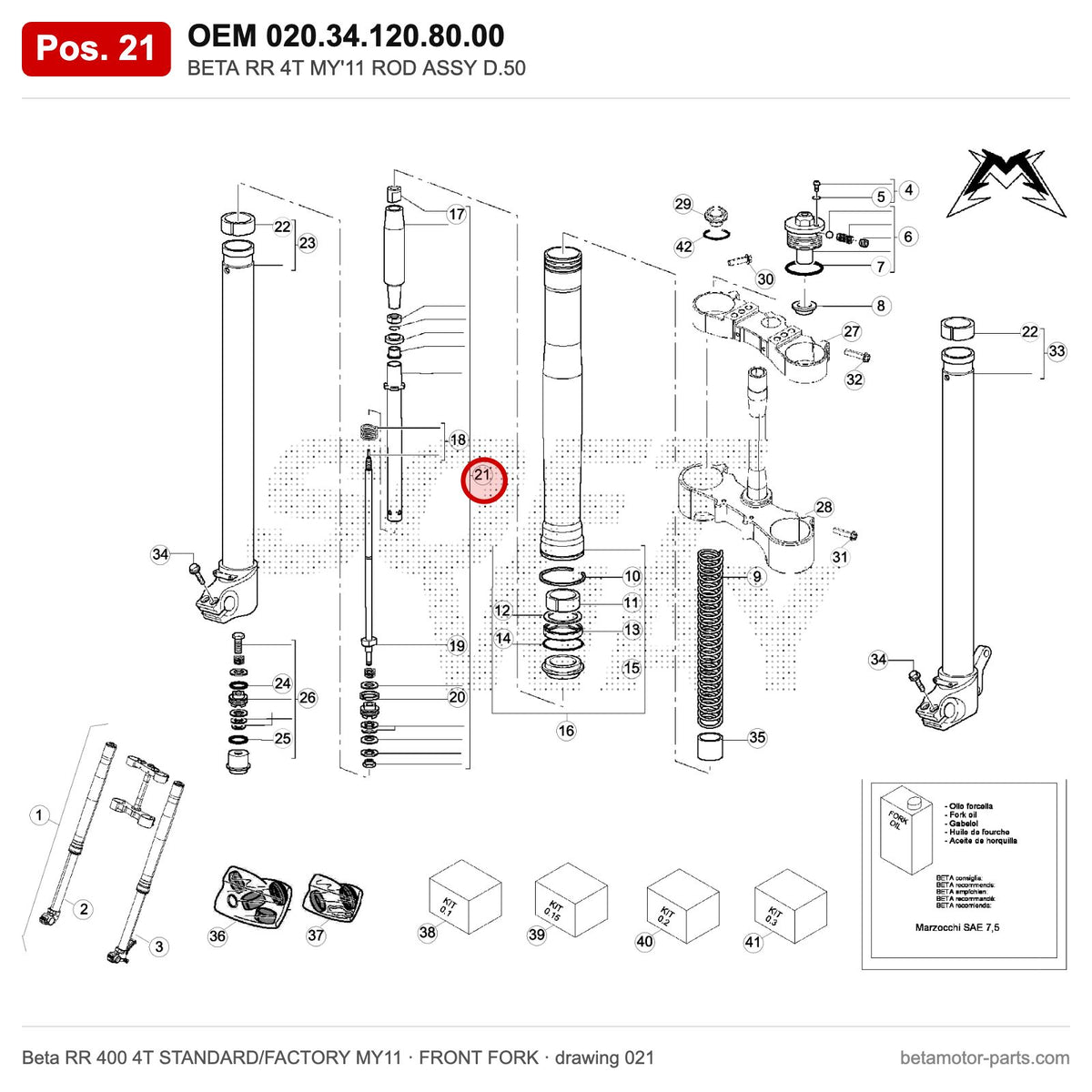 BETA RR 4T MY'11 ROD ASSY D.50 – OEM 020.34.120.80.00, position 21 on the Beta RR 400 4T STANDARD/FACTORY MY11 front fork drawing