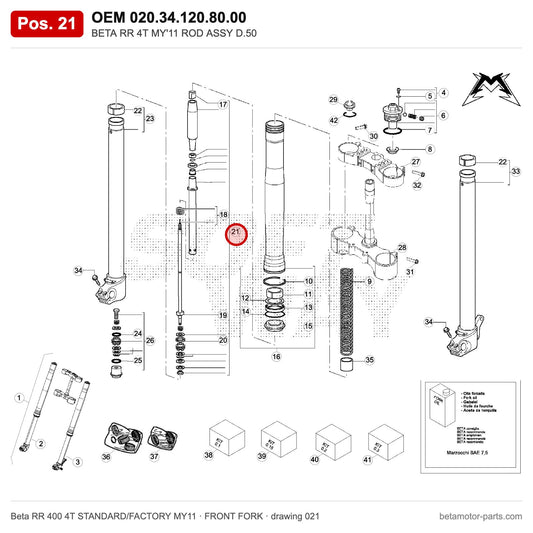 BETA RR 4T MY'11 ROD ASSY D.50 – OEM 020.34.120.80.00, position 21 on the Beta RR 400 4T STANDARD/FACTORY MY11 front fork drawing