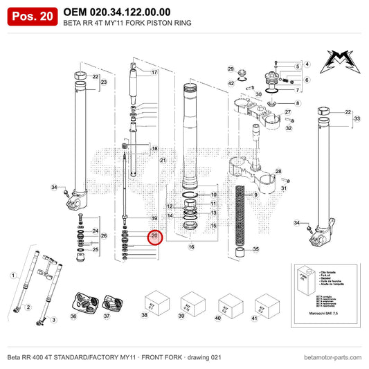 BETA RR 4T MY'11 FORK PISTON RING – OEM 020.34.122.00.00, position 20 on the Beta RR 400 4T STANDARD/FACTORY MY11 front fork drawing