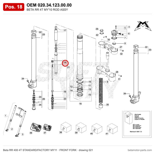BETA RR 4T MY'10 ROD ASSY – OEM 020.34.123.00.00, position 18 on the Beta RR 400 4T STANDARD/FACTORY MY11 front fork drawing
