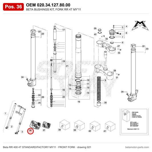 BETA BUSHINGS KIT, FORK RR 4T MY'11 – OEM 020.34.127.80.00, position 36 on the Beta RR 400 4T STANDARD/FACTORY MY11 front fork drawing