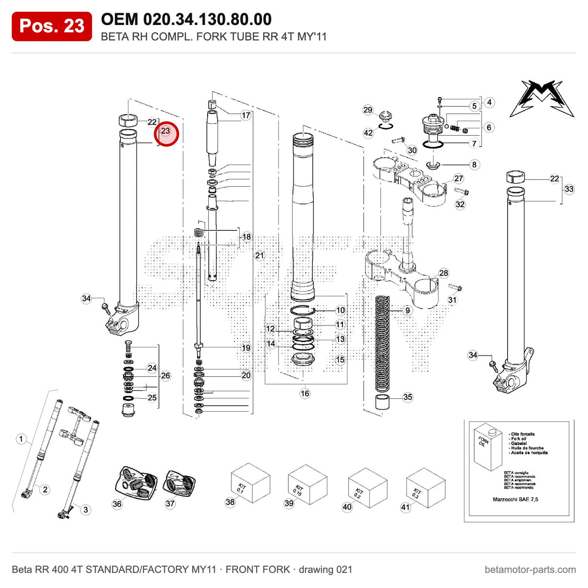 BETA RH COMPL. FORK TUBE RR 4T MY'11 – OEM 020.34.130.80.00, position 23 on the Beta RR 400 4T STANDARD/FACTORY MY11 front fork drawing
