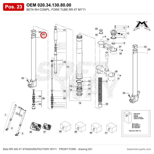 BETA RH COMPL. FORK TUBE RR 4T MY'11 – OEM 020.34.130.80.00, position 23 on the Beta RR 400 4T STANDARD/FACTORY MY11 front fork drawing