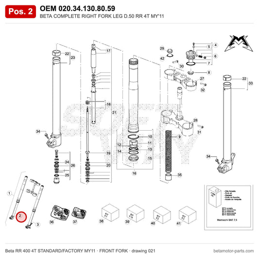 BETA COMPLETE RIGHT FORK LEG D.50 RR 4T MY'11 – OEM 020.34.130.80.59, position 2 on the Beta RR 400 4T STANDARD/FACTORY MY11 front fork drawing