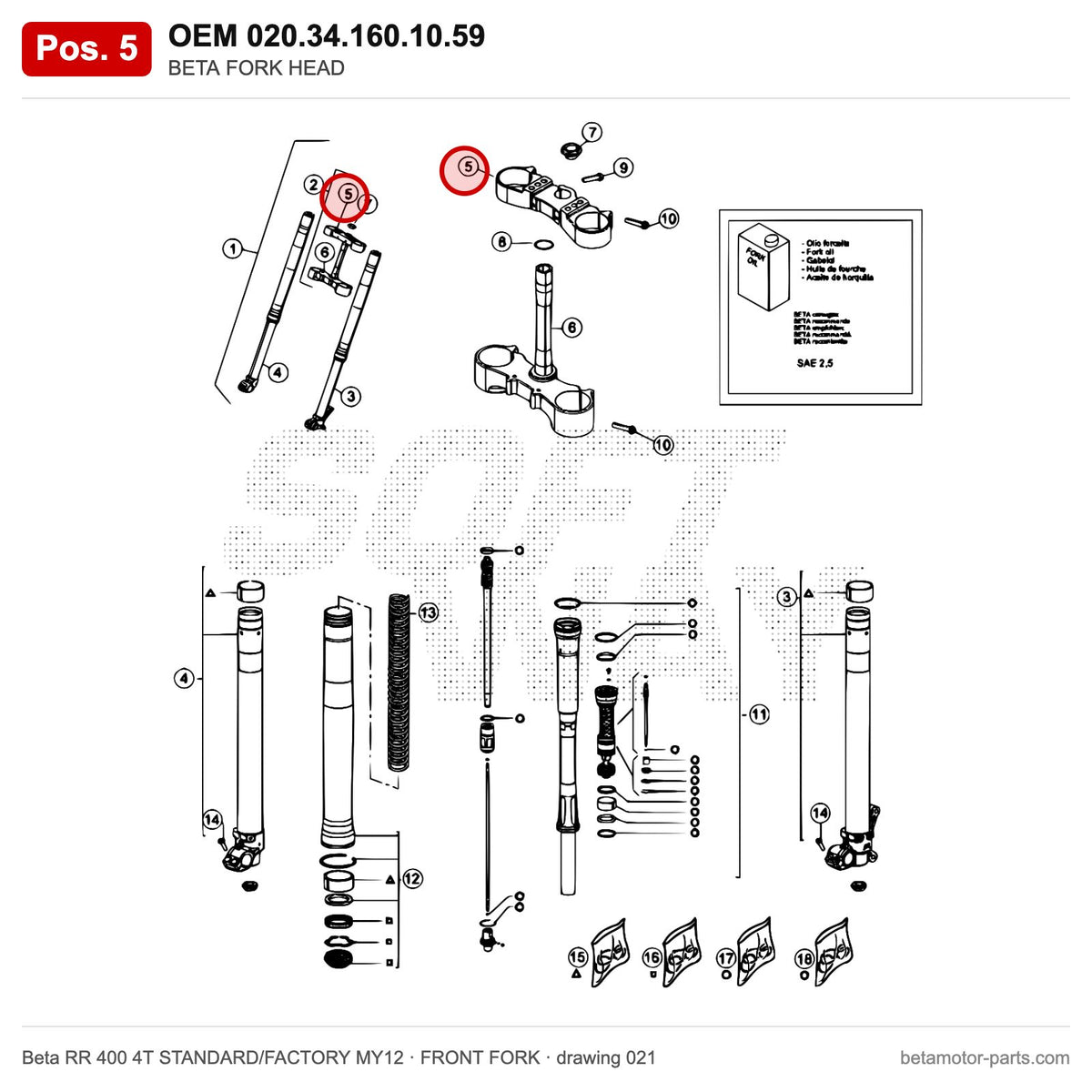 BETA FORK HEAD – OEM 020.34.160.10.59, position 5 on the Beta RR 400 4T STANDARD/FACTORY MY12 front fork drawing