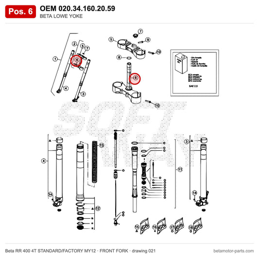 BETA LOWE YOKE – OEM 020.34.160.20.59, position 6 on the Beta RR 400 4T STANDARD/FACTORY MY12 front fork drawing