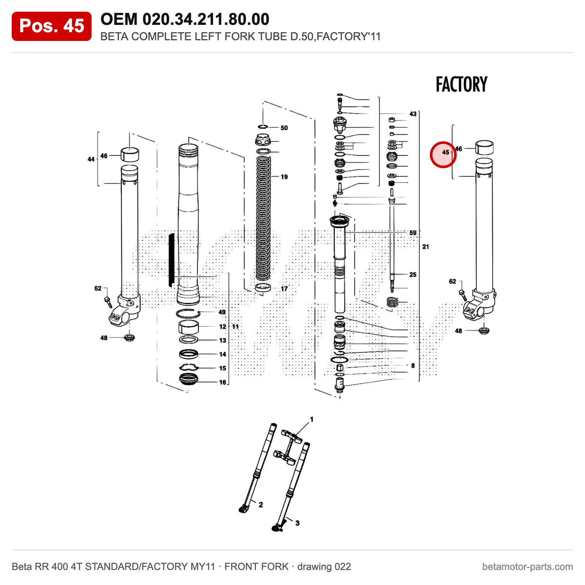 BETA COMPLETE LEFT FORK TUBE D.50,FACTORY'11 – OEM 020.34.211.80.00, position 45 on the Beta RR 400 4T STANDARD/FACTORY MY11 front fork drawing