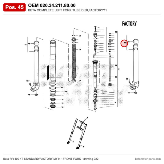 BETA COMPLETE LEFT FORK TUBE D.50,FACTORY'11 – OEM 020.34.211.80.00, position 45 on the Beta RR 400 4T STANDARD/FACTORY MY11 front fork drawing