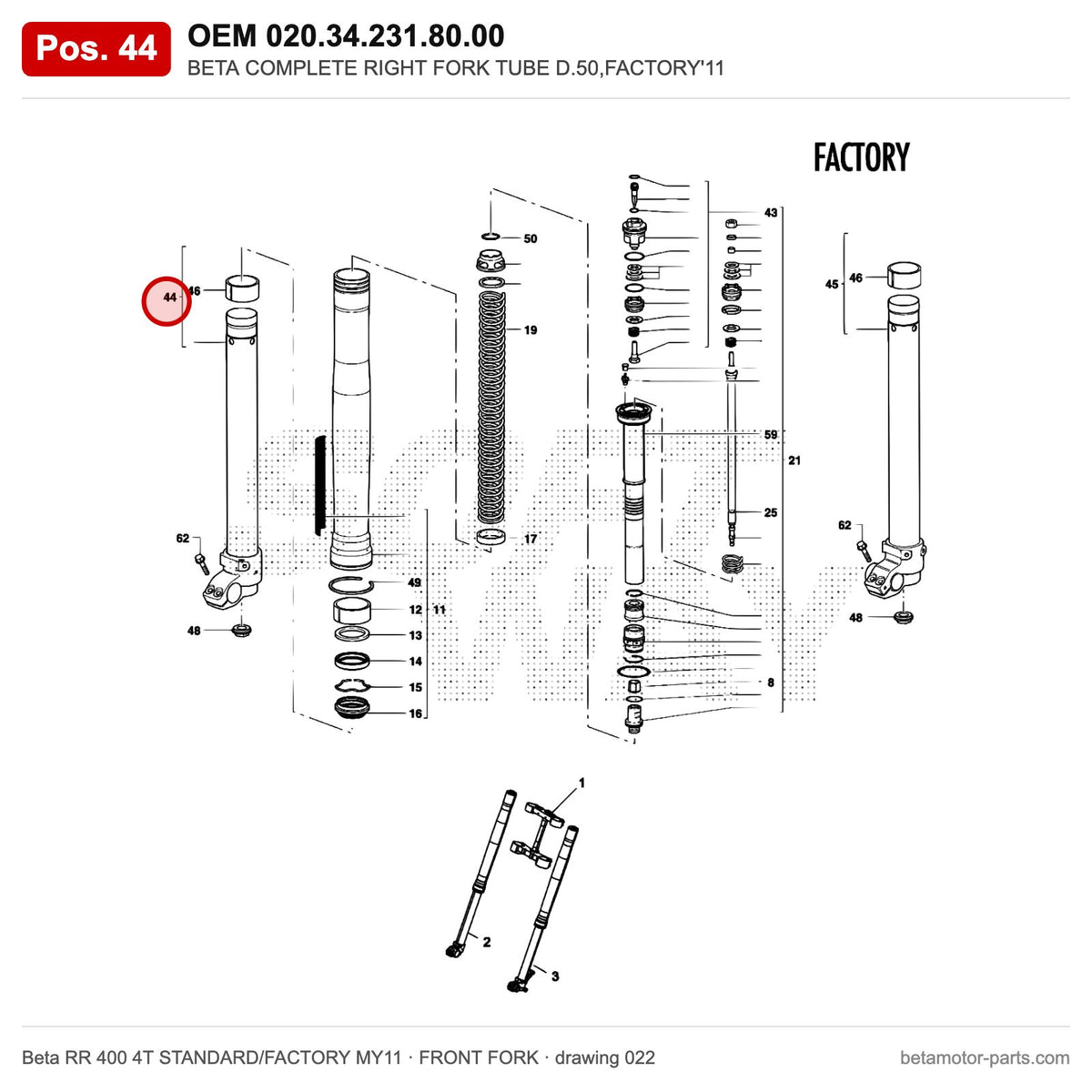 BETA COMPLETE RIGHT FORK TUBE D.50,FACTORY'11 – OEM 020.34.231.80.00, position 44 on the Beta RR 400 4T STANDARD/FACTORY MY11 front fork drawing