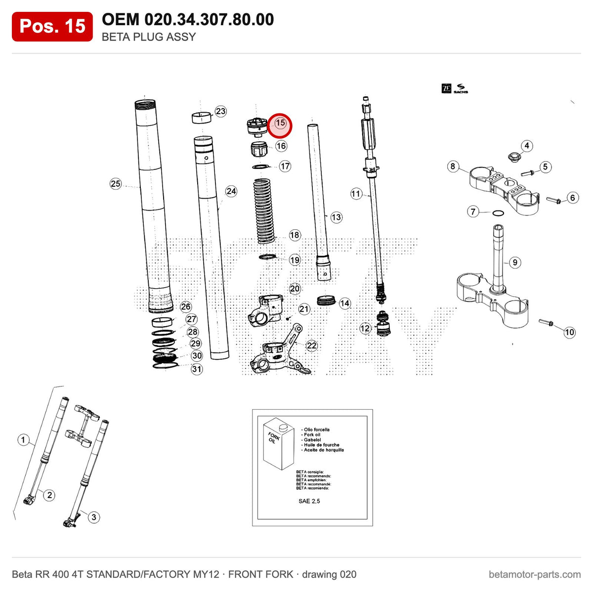 BETA PLUG ASSY – OEM 020.34.307.80.00, position 15 on the Beta RR 400 4T STANDARD/FACTORY MY12 front fork drawing