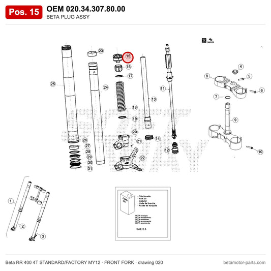 BETA PLUG ASSY – OEM 020.34.307.80.00, position 15 on the Beta RR 400 4T STANDARD/FACTORY MY12 front fork drawing