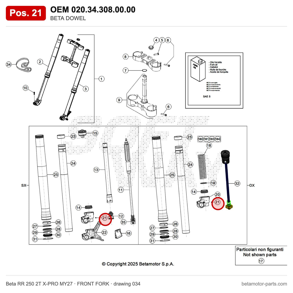 BETA DOWEL – OEM 020.34.308.00.00, position 21 on the Beta RR 250 2T X-PRO MY27 front fork drawing