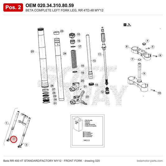BETA COMPLETE LEFT FORK LEG, RR 4TD.48 MY'12 – OEM 020.34.310.80.59, position 2 on the Beta RR 400 4T STANDARD/FACTORY MY12 front fork drawing