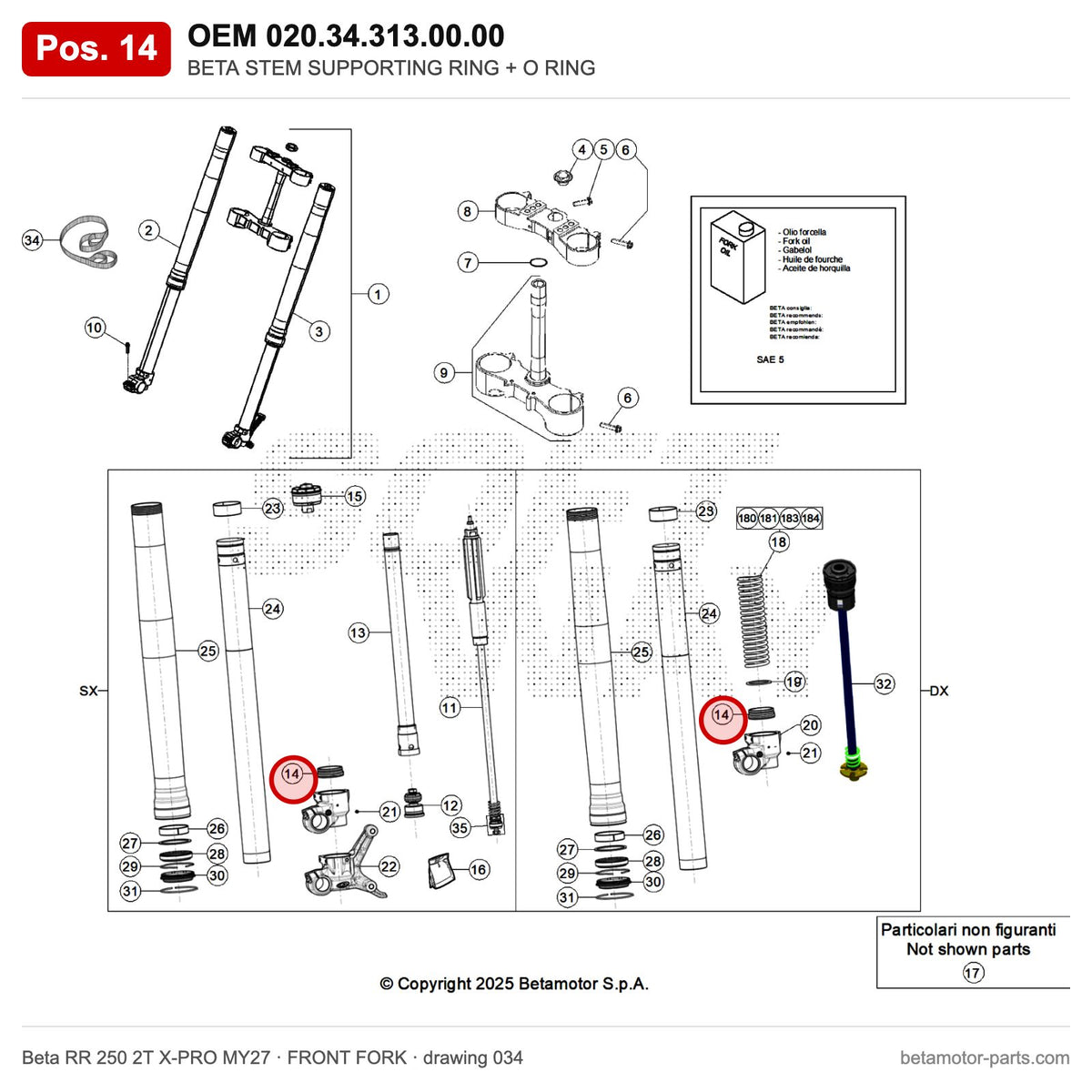 BETA STEM SUPPORTING RING + O RING – OEM 020.34.313.00.00, position 14 on the Beta RR 250 2T X-PRO MY27 front fork drawing
