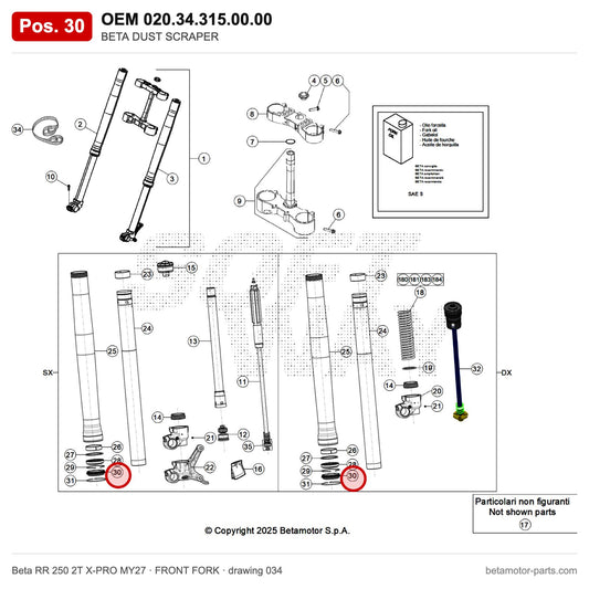 BETA DUST SCRAPER – OEM 020.34.315.00.00, position 30 on the Beta RR 250 2T X-PRO MY27 front fork drawing