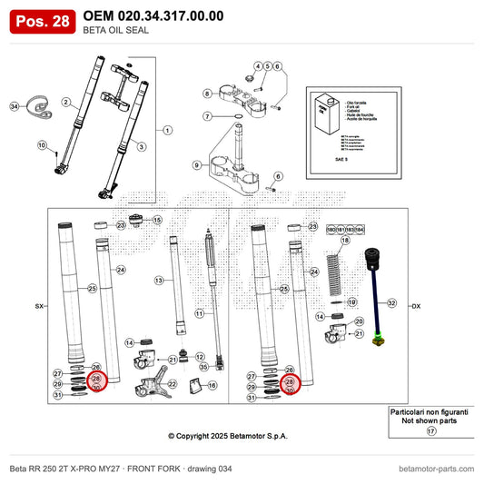 BETA OIL SEAL – OEM 020.34.317.00.00, position 28 on the Beta RR 250 2T X-PRO MY27 front fork drawing