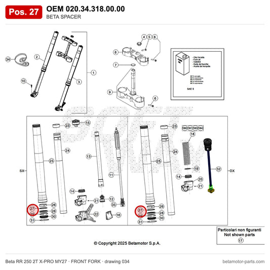BETA SPACER – OEM 020.34.318.00.00, position 27 on the Beta RR 250 2T X-PRO MY27 front fork drawing