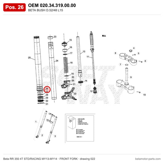 BETA BUSH D.52/48 L15 – OEM 020.34.319.00.00, position 26 on the Beta RR 350 4T STD/RACING MY13-MY14 front fork drawing