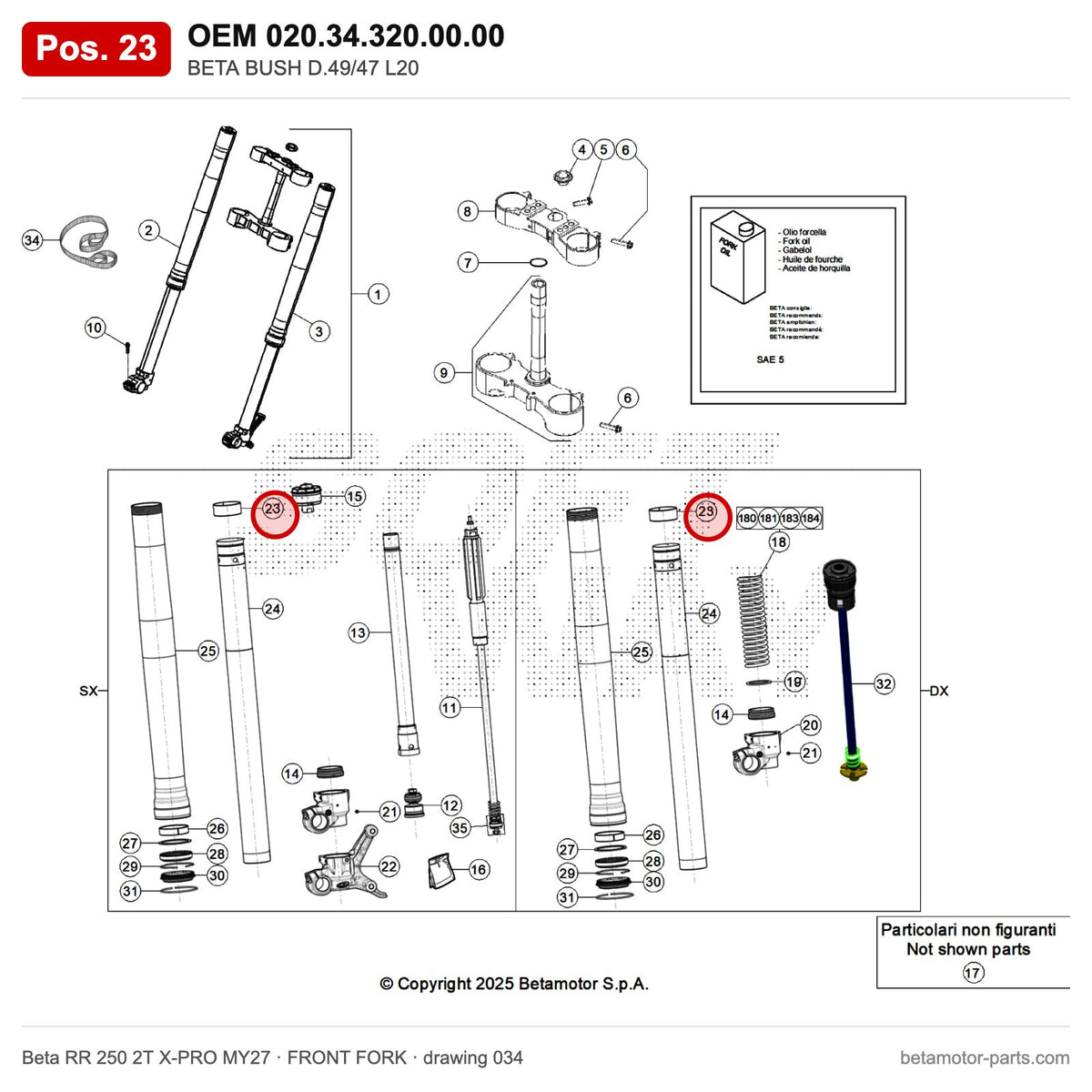 BETA BUSH D.49/47 L20 – OEM 020.34.320.00.00, position 23 on the Beta RR 250 2T X-PRO MY27 front fork drawing