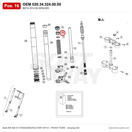 BETA NYLON SPACER – OEM 020.34.324.00.00, position 16 on the Beta RR 400 4T STANDARD/FACTORY MY12 front fork drawing