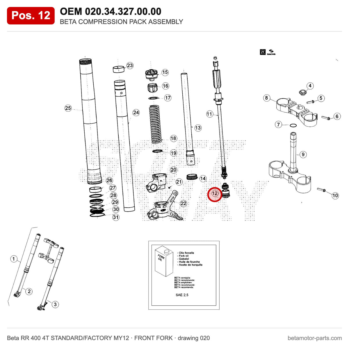 BETA COMPRESSION PACK ASSEMBLY – OEM 020.34.327.00.00, position 12 on the Beta RR 400 4T STANDARD/FACTORY MY12 front fork drawing