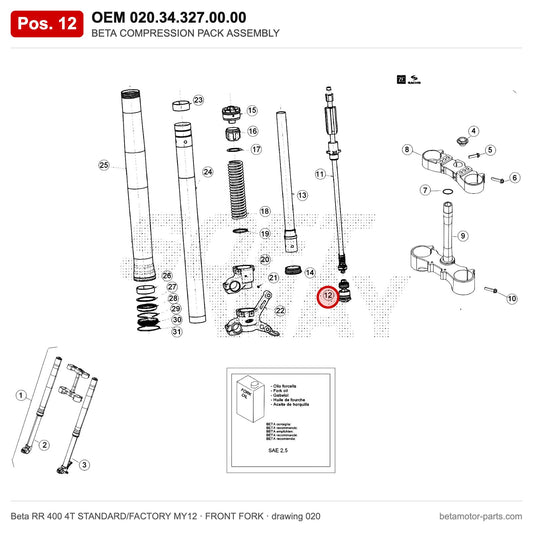 BETA COMPRESSION PACK ASSEMBLY – OEM 020.34.327.00.00, position 12 on the Beta RR 400 4T STANDARD/FACTORY MY12 front fork drawing