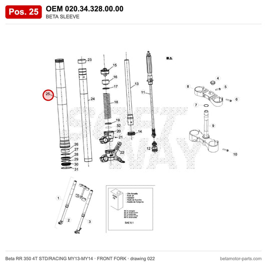 BETA SLEEVE – OEM 020.34.328.00.00, position 25 on the Beta RR 350 4T STD/RACING MY13-MY14 front fork drawing