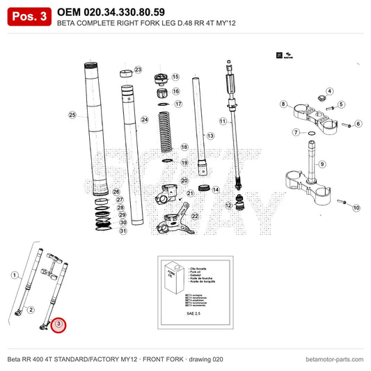 BETA COMPLETE RIGHT FORK LEG D.48 RR 4T MY'12 – OEM 020.34.330.80.59, position 3 on the Beta RR 400 4T STANDARD/FACTORY MY12 front fork drawing
