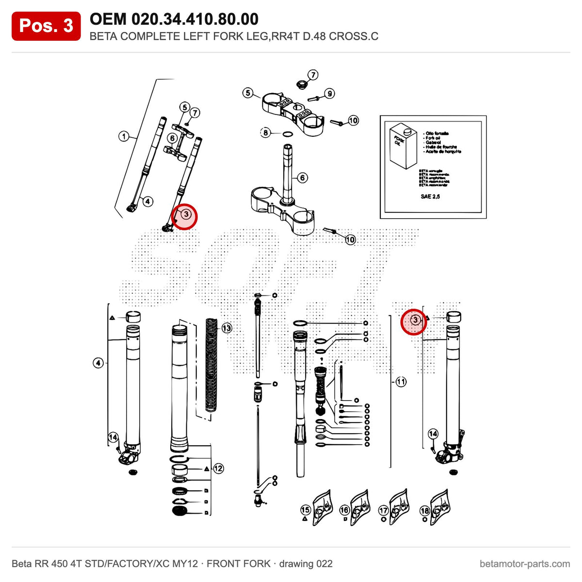 BETA COMPLETE LEFT FORK LEG,RR4T D.48 CROSS.C – OEM 020.34.410.80.00, position 3 on the Beta RR 450 4T STD/FACTORY/XC MY12 front fork drawing