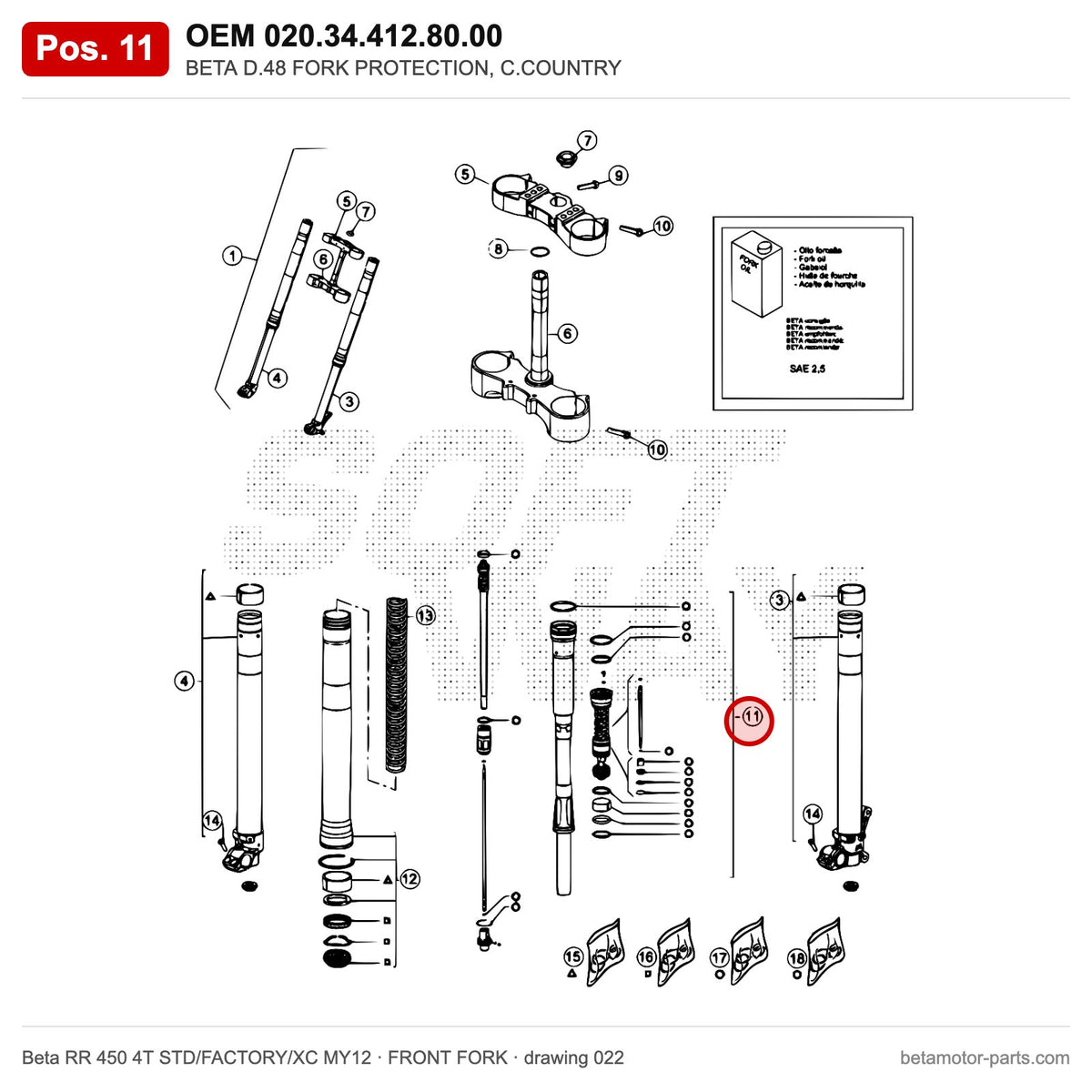 BETA D.48 FORK PROTECTION, C.COUNTRY – OEM 020.34.412.80.00, position 11 on the Beta RR 450 4T STD/FACTORY/XC MY12 front fork drawing