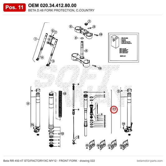 BETA D.48 FORK PROTECTION, C.COUNTRY – OEM 020.34.412.80.00, position 11 on the Beta RR 450 4T STD/FACTORY/XC MY12 front fork drawing