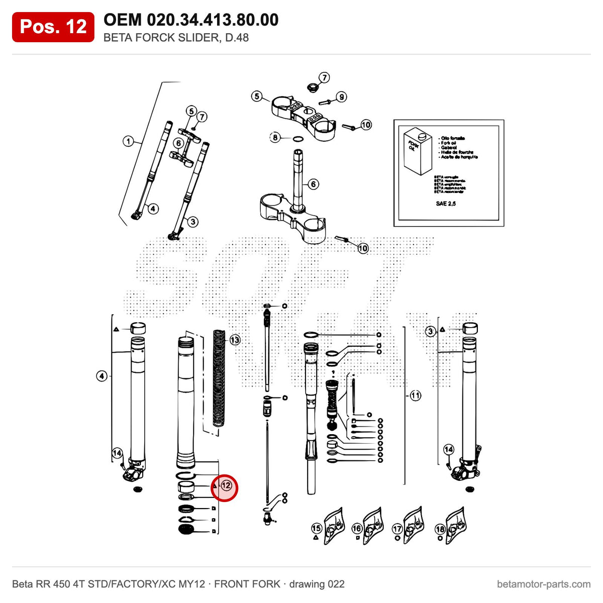 BETA FORCK SLIDER, D.48 – OEM 020.34.413.80.00, position 12 on the Beta RR 450 4T STD/FACTORY/XC MY12 front fork drawing