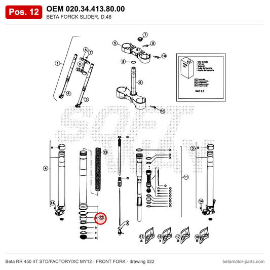 BETA FORCK SLIDER, D.48 – OEM 020.34.413.80.00, position 12 on the Beta RR 450 4T STD/FACTORY/XC MY12 front fork drawing