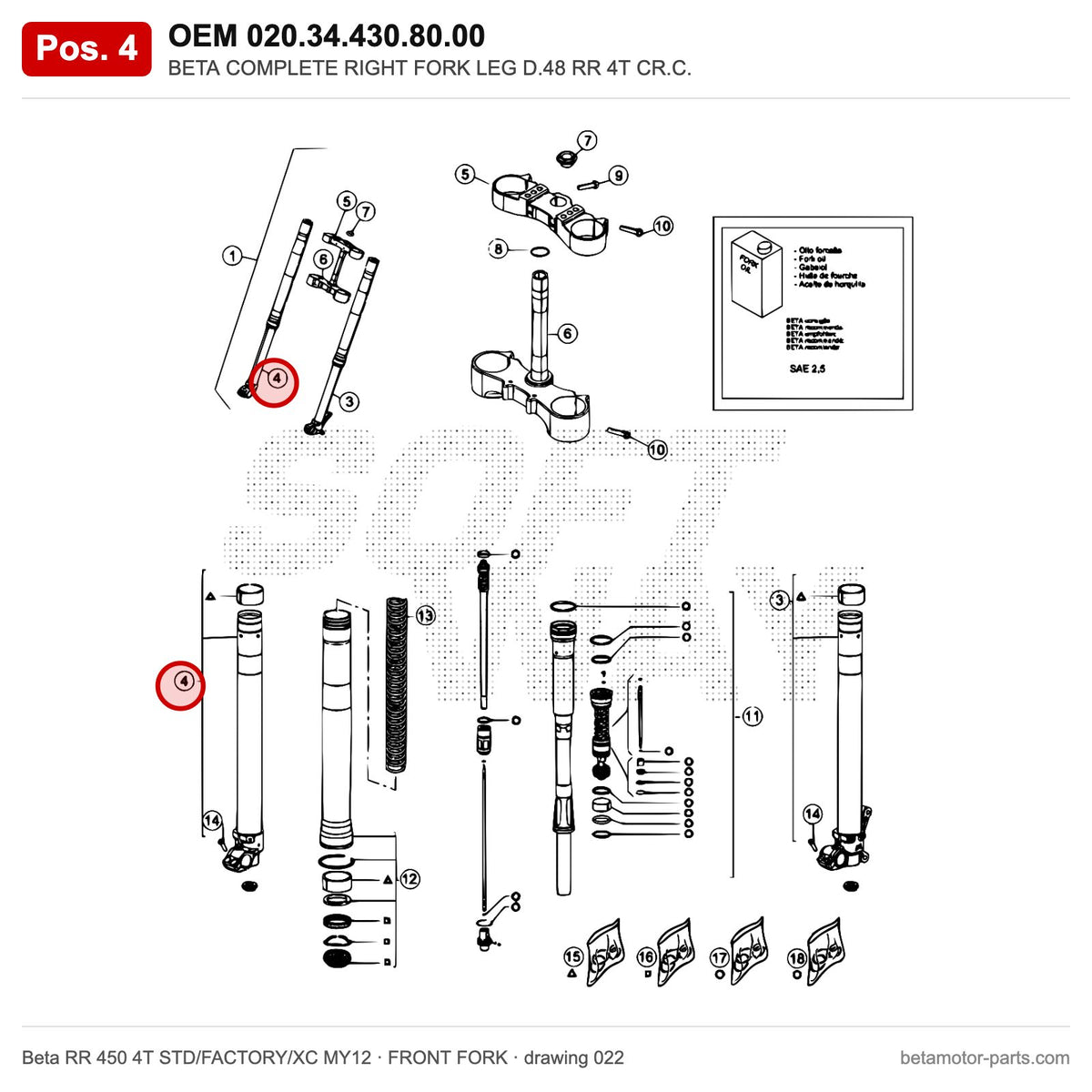 BETA COMPLETE RIGHT FORK LEG D.48 RR 4T CR.C. – OEM 020.34.430.80.00, position 4 on the Beta RR 450 4T STD/FACTORY/XC MY12 front fork drawing