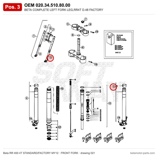 BETA COMPLETE LEFT FORK LEG,RR4T D.48 FACTORY – OEM 020.34.510.80.00, position 3 on the Beta RR 400 4T STANDARD/FACTORY MY12 front fork drawing
