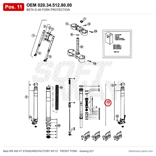 BETA D.48 FORK PROTECTION – OEM 020.34.512.80.00, position 11 on the Beta RR 400 4T STANDARD/FACTORY MY12 front fork drawing
