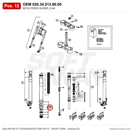BETA FORCK SLIDER, D.48 – OEM 020.34.513.80.00, position 12 on the Beta RR 400 4T STANDARD/FACTORY MY12 front fork drawing