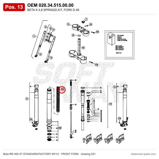 BETA K 4,8 SPRINGS KIT, FORK D.48 – OEM 020.34.515.00.00, position 13 on the Beta RR 400 4T STANDARD/FACTORY MY12 front fork drawing
