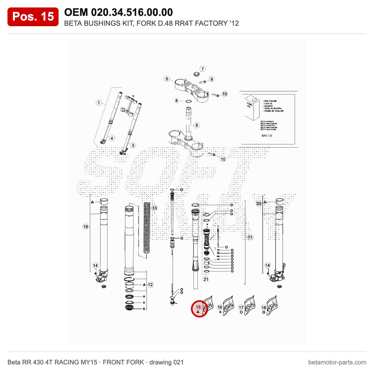 BETA BUSHINGS KIT, FORK D.48 RR4T FACTORY '12 – OEM 020.34.516.00.00, position 15 on the Beta RR 430 4T RACING MY15 front fork drawing