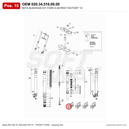 BETA BUSHINGS KIT, FORK D.48 RR4T FACTORY '12 – OEM 020.34.516.00.00, position 15 on the Beta RR 430 4T RACING MY15 front fork drawing