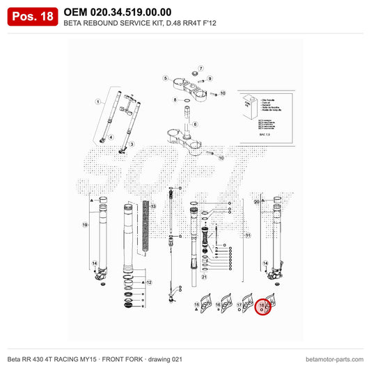 BETA REBOUND SERVICE KIT, D.48 RR4T F'12 – OEM 020.34.519.00.00, position 18 on the Beta RR 430 4T RACING MY15 front fork drawing