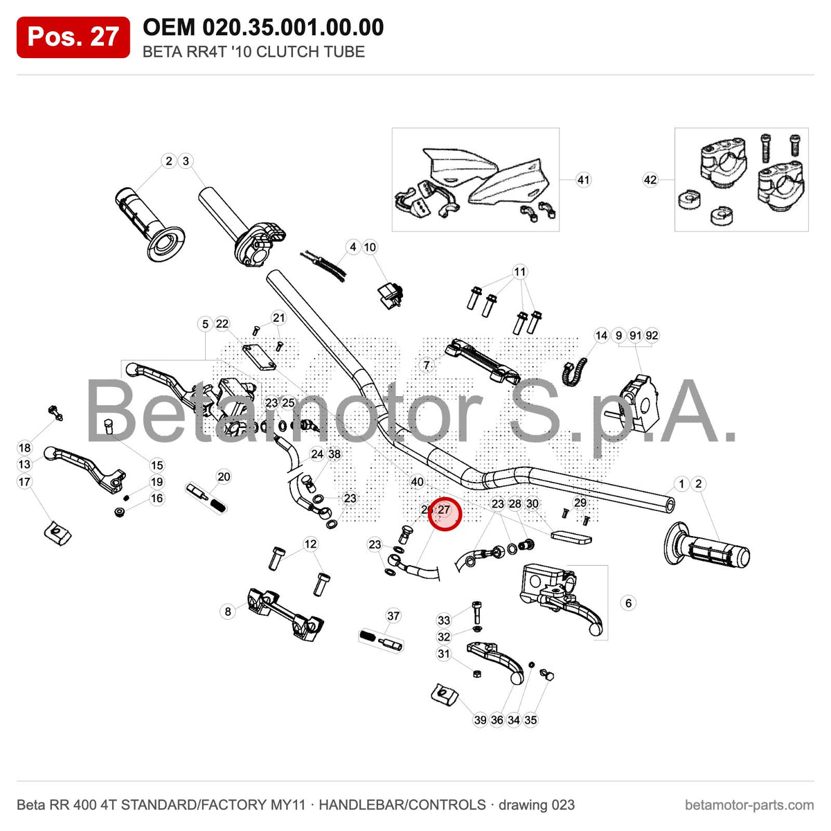 BETA RR4T '10 CLUTCH TUBE – OEM 020.35.001.00.00, position 27 on the Beta RR 400 4T STANDARD/FACTORY MY11 handlebar/controls drawing