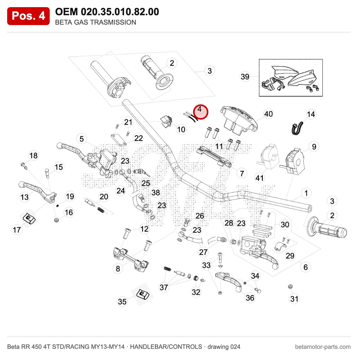 BETA GAS TRASMISSION – OEM 020.35.010.82.00, position 4 on the Beta RR 450 4T STD/RACING MY13-MY14 handlebar/controls drawing